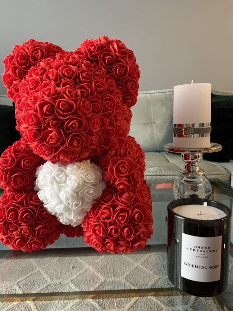 Lux Miś z róż hand made 40cm z płatkami róż Dostawa/ odbiór w weekend