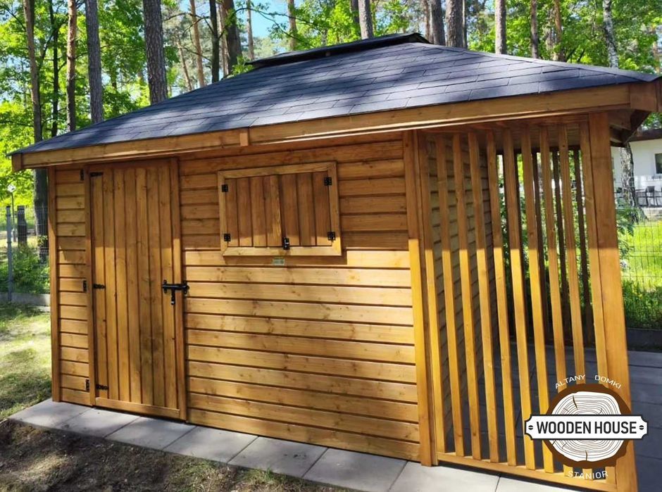 Domek narzędziowy, domek drewniany Świerk z Drewutnią altanystanior.pl
