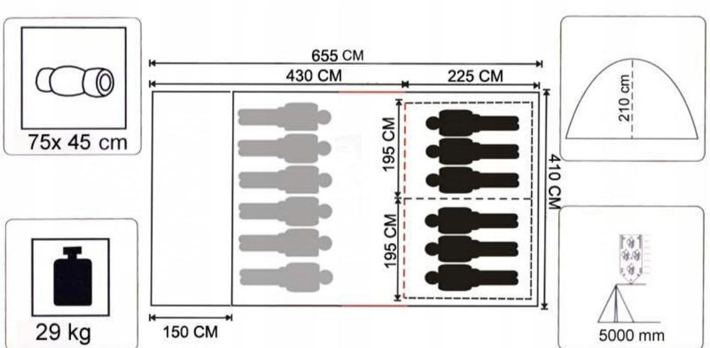 OSTATECZNA CENA !!! Wysoki Namiot MONTREAL 6-12 osobowy 6550 x 4100mm