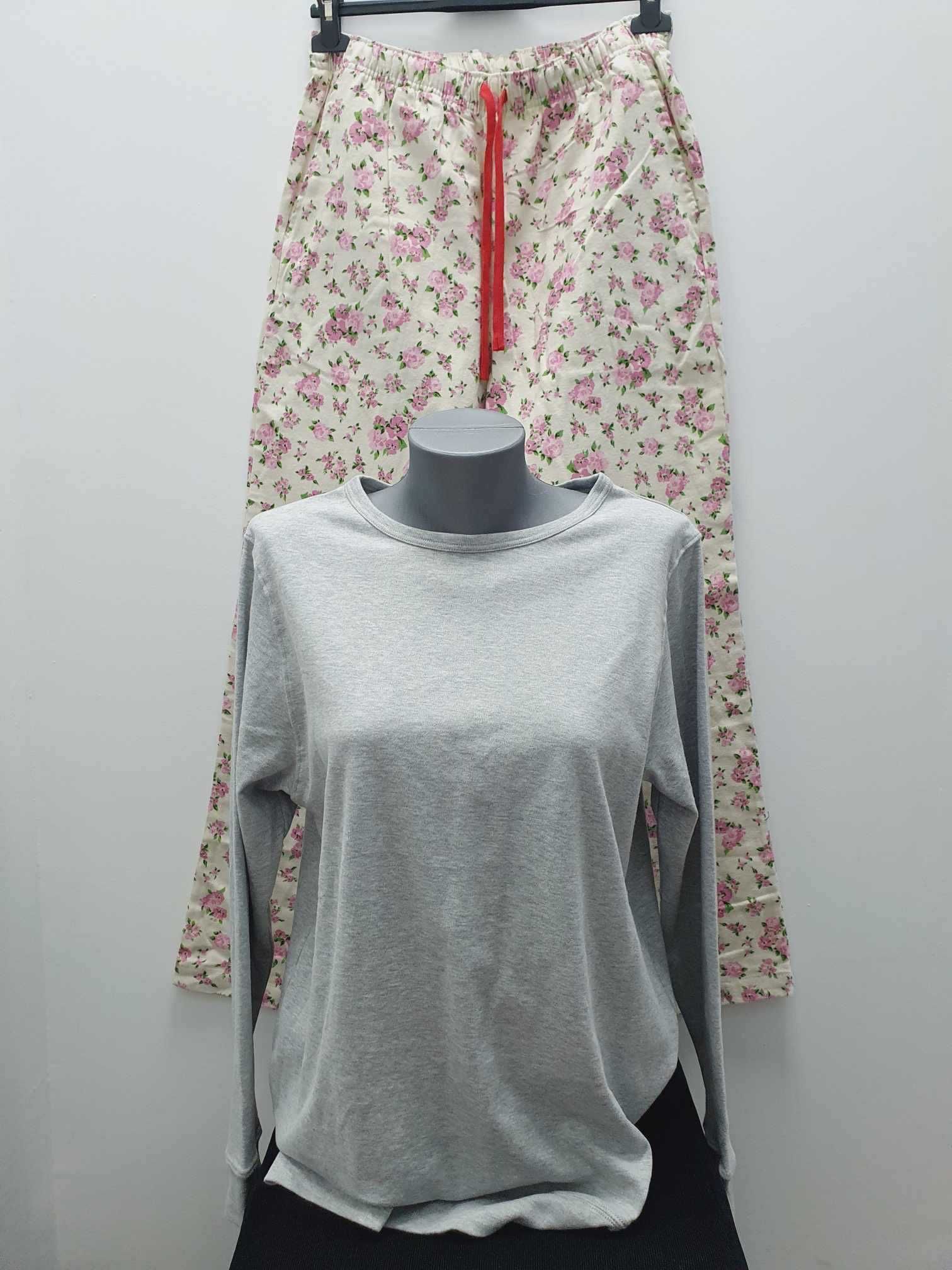 Damska piżama komplet na długo szara w kwiaty roz. M