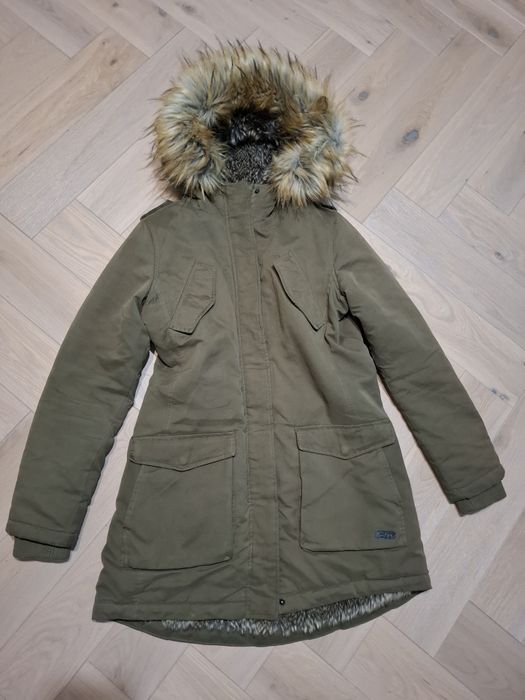 Oliwkowa parka zimowa z futerkiem rozmiar S Diverse warm parka streetw