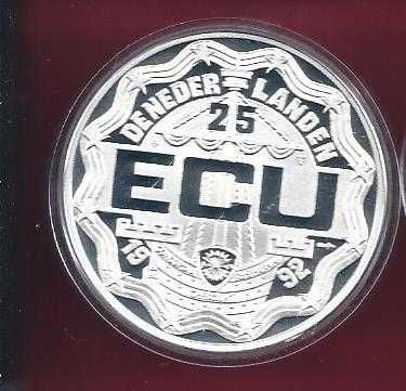 Proof  Holanda 25 ecu prata Proof 1992