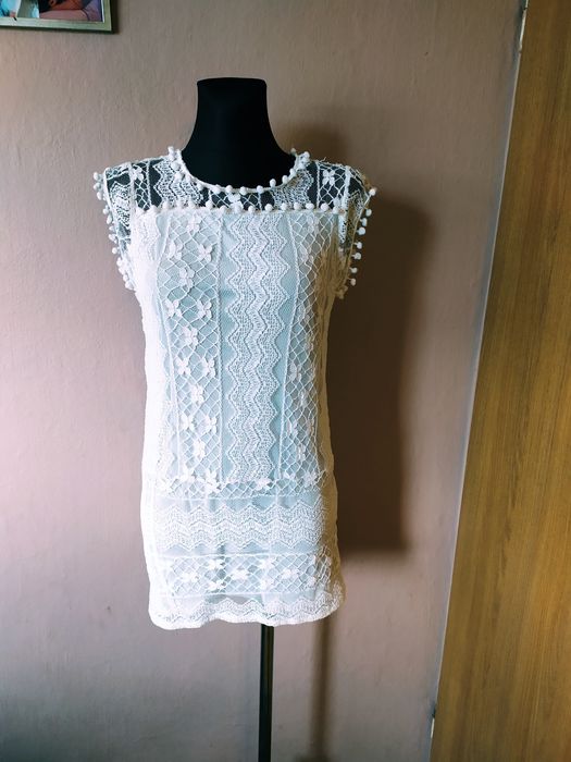 Biała koronkowa sukienka Boho koronka S/M 36/38 koronka narzutka