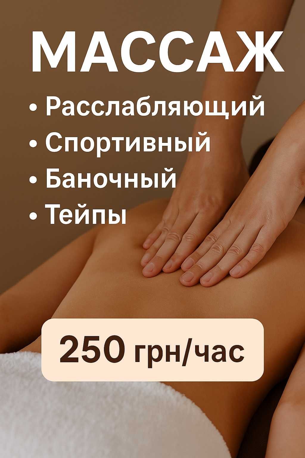 Массаж — расслабляющий, спортивный, баночный, тейпы (250 грн/час)