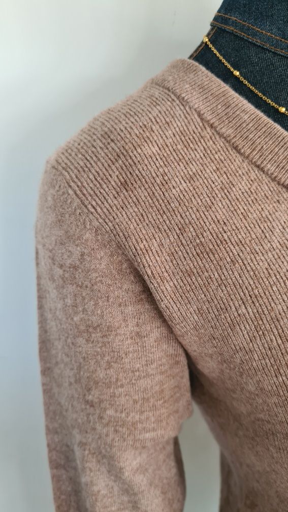Sweter Kardigan Kaszmir Wełna Jedwab. Ciepły brąz Cammel. Rozmiar 38 M
