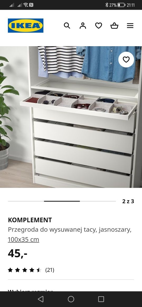 Ikea Komplement przegroda do wysuwanej tacy 100cm x 35 cm
Przegroda do