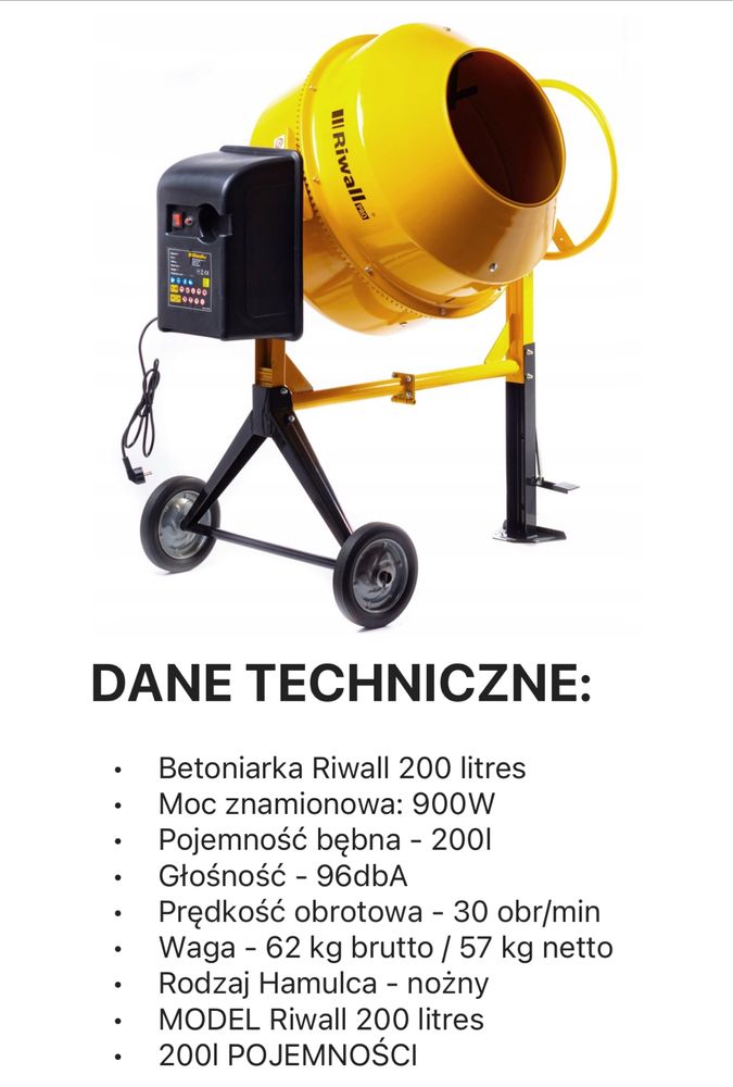 Betoniarka budowlana Riwall- Pro 200 litrów 230V źeliwny wieniec