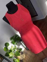 Koralowa malinowa różowa sukienka ZARA M 38 koronkowa obcisła tłoczona