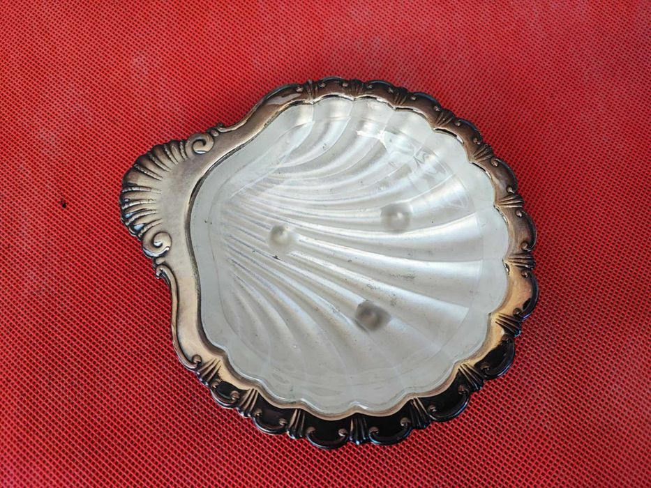 Art deco platerowana mosiężna patera na ikrę,wkład szklany