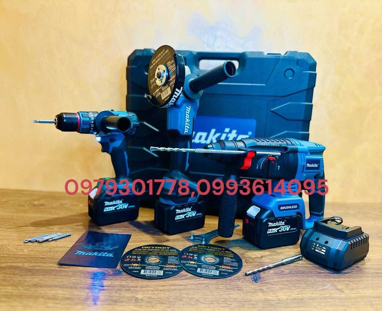 Makita 3в1 Набор Болгарка DGA504 + Шуруповерт DHP485 Перфератор DHR202