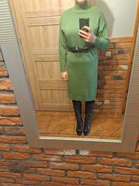 Sukienka dzianinowa,midi, zielona z golfem, Renne, S/M