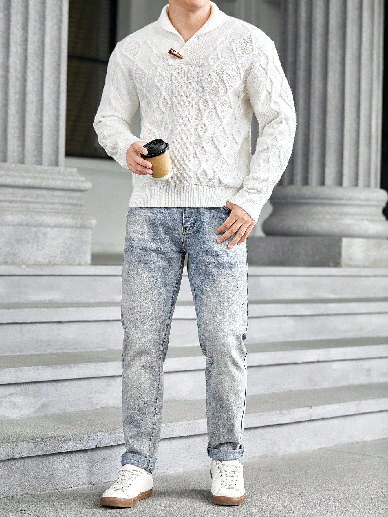 Sweter Męski Z Kołnierzykiem Biały Teksturowany Casual Shein M