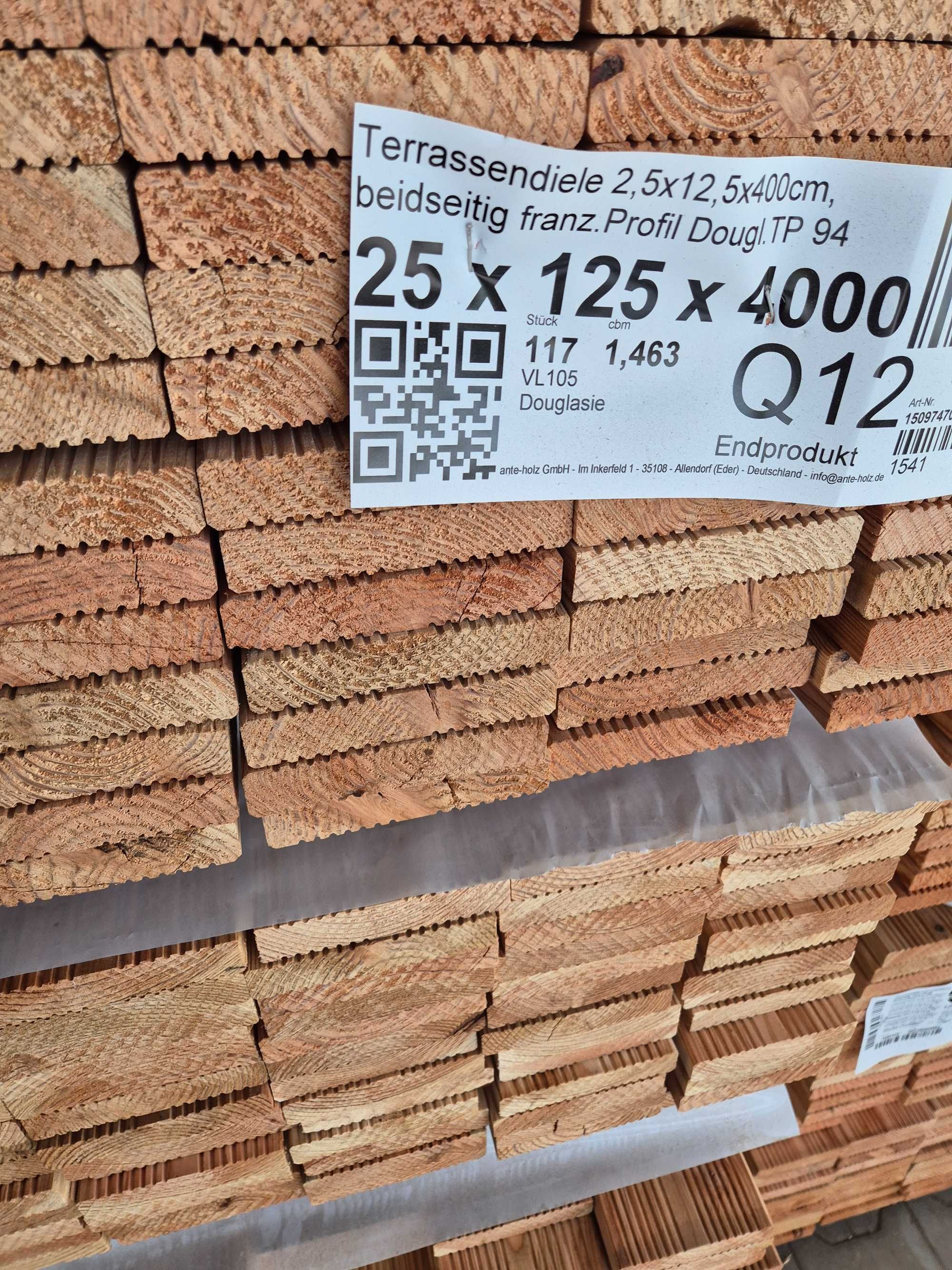 Deska tarasowa daglezja, niemiecka AB ryfel 25x125, 4m, nie modrzew!!!