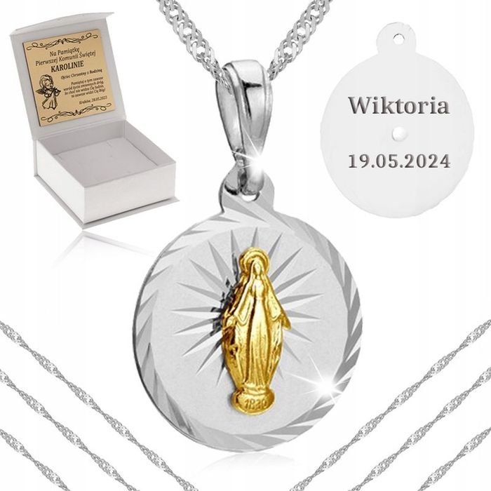 Srebrny Łańcuszek Singapur + Medalik Cudowny Próba 925 + Grawer + Grat