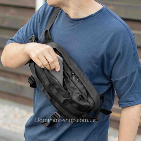 Тактическая мужская сумка на грудь на пояс черная бананка слинг