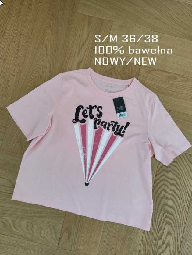 Nowy T-shirt/koszulka krótki rękaw S/M 36/38 bawełna pudrowy róż over
