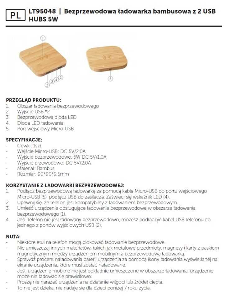 Ładowarka bezprzewodowa bambusowa elegancka z hubem 2x USB A
