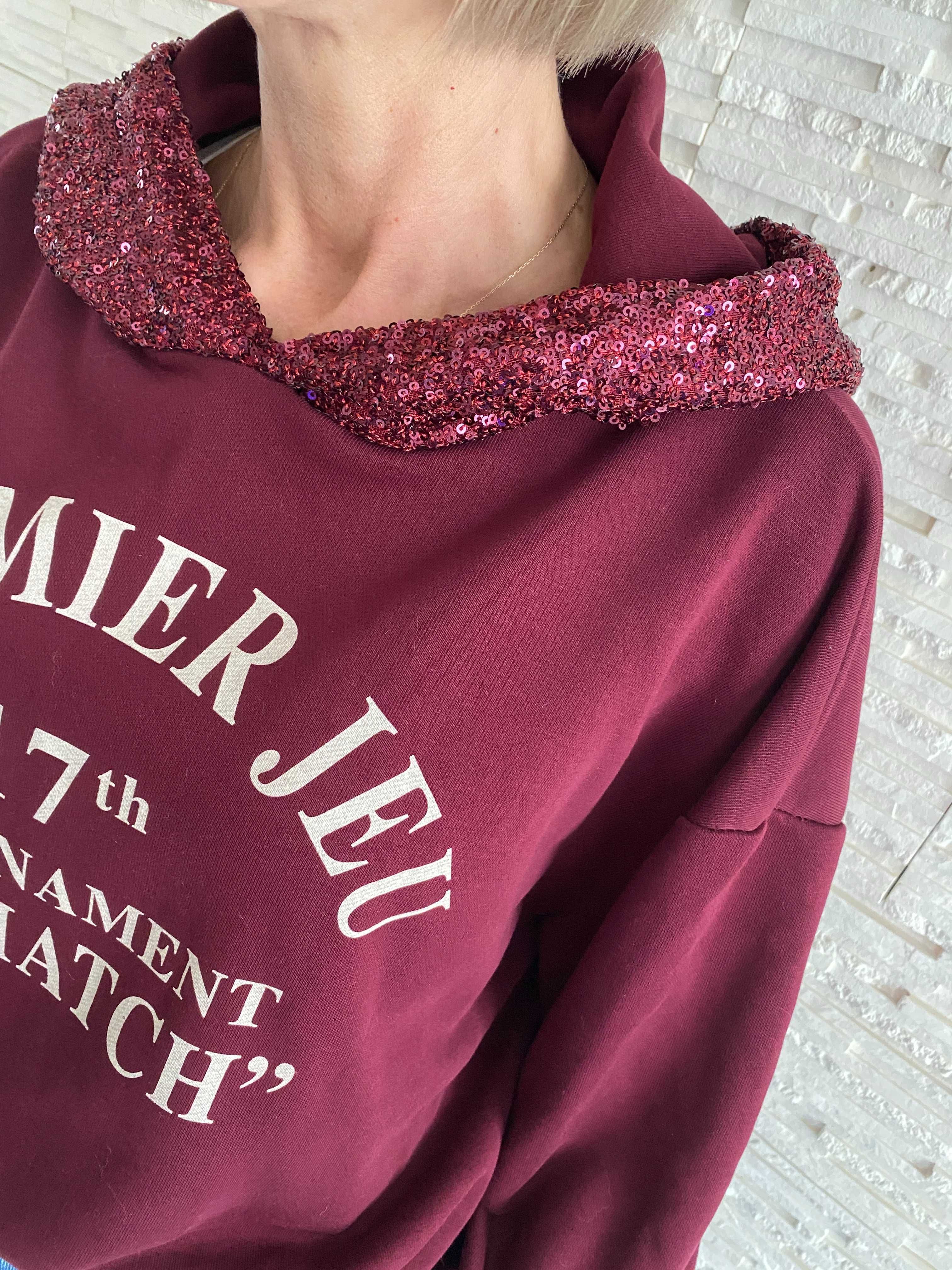 Mihos nowa czadowa bluza bordo kaptur cekiny napis Uni