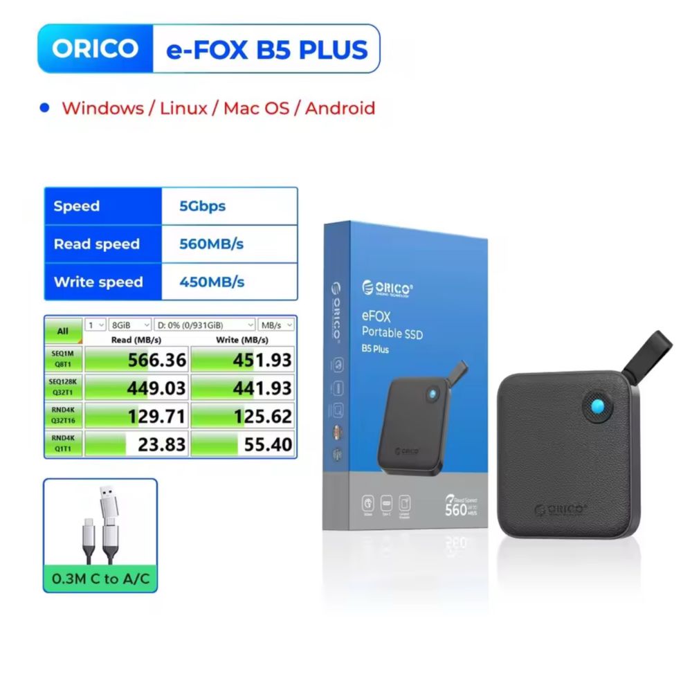 Зовнішній SSD ORICO eFOX B5 Plus 1TB – Швидкий USB-C диск (560 MB/s)