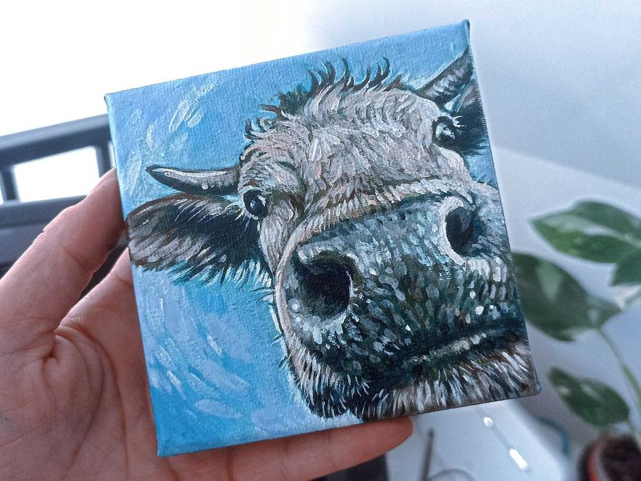 Krowa, obrazek ręcznie malowany 10x10cm