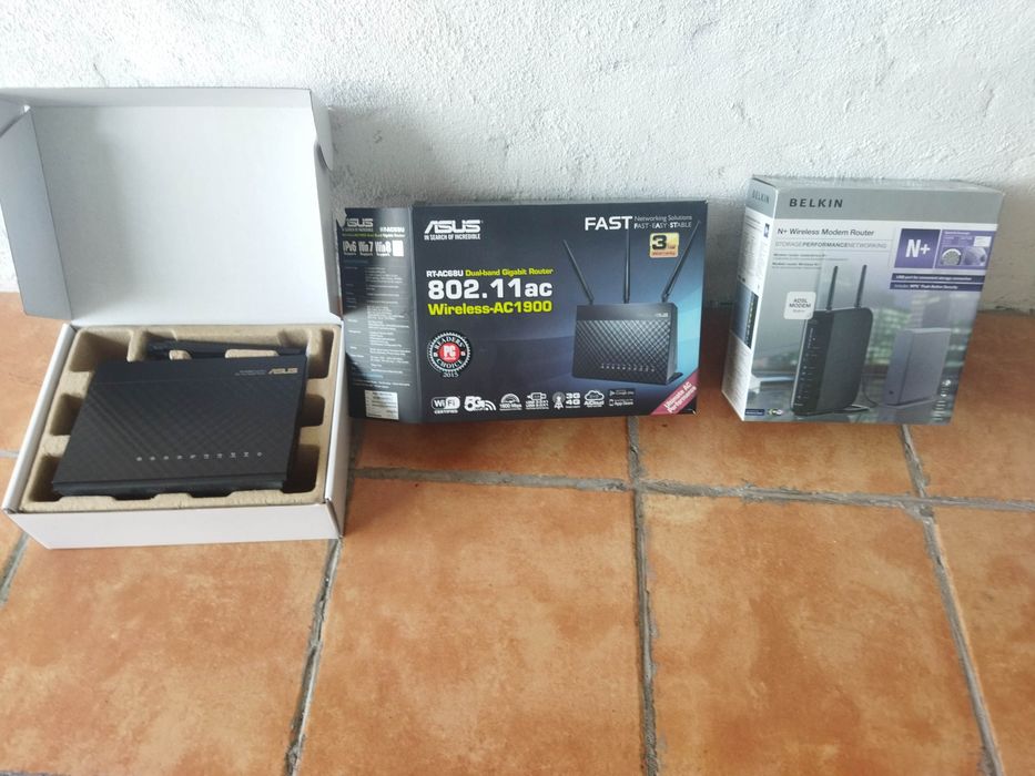 Modem router ASUS e Belkin em caixa, wi-fi N, wifi, repetidor