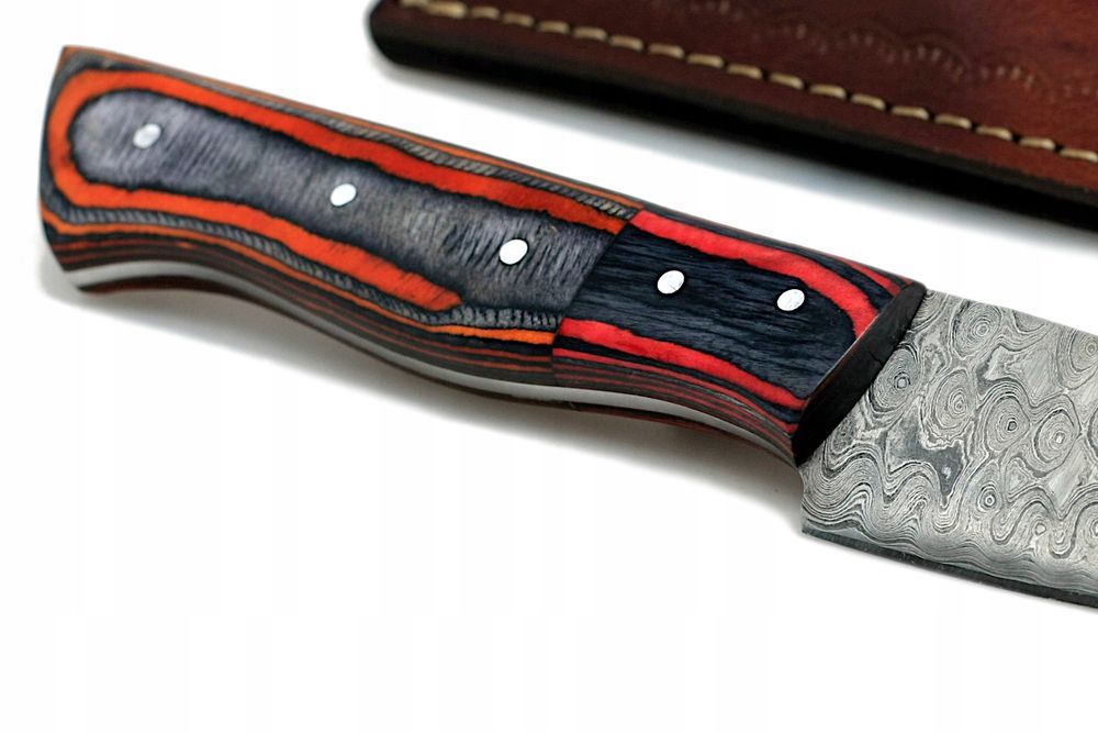 Nóż ręcznie wykonany bushcraft survival stal damasceńska skórzane etui