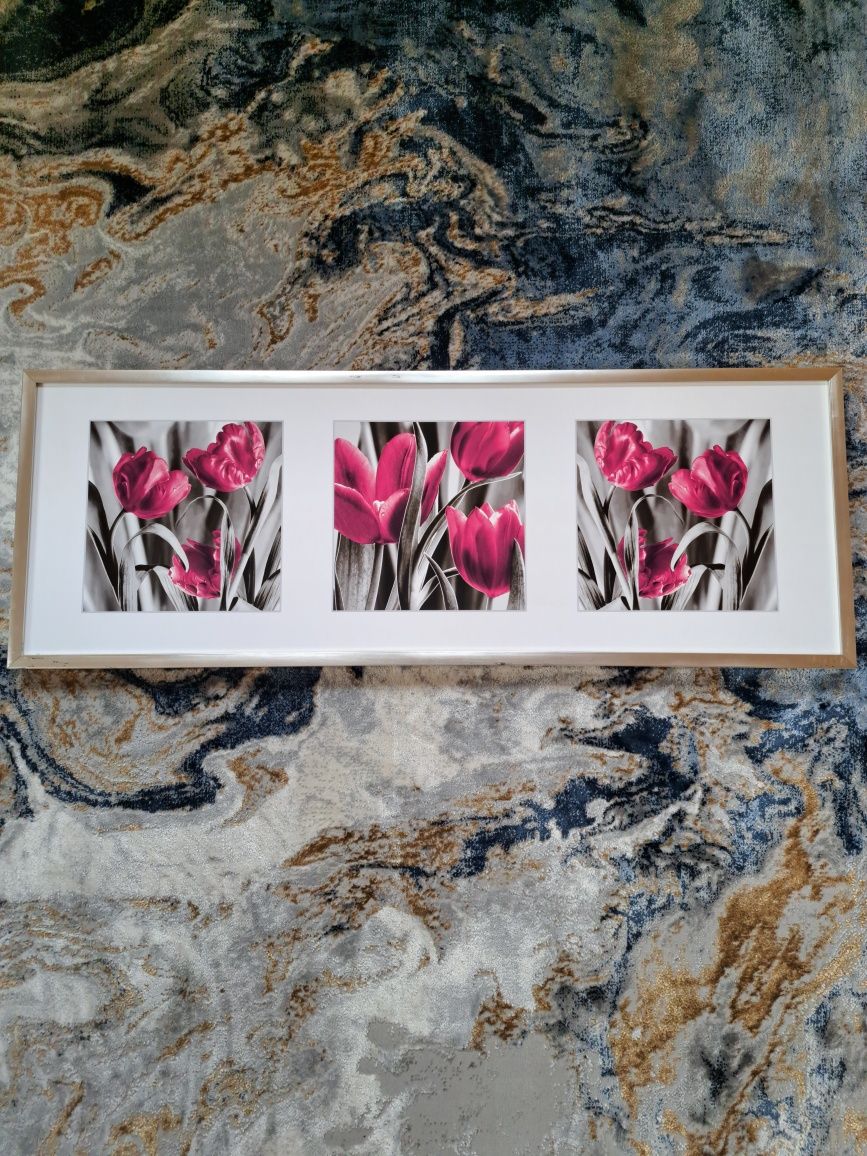 Obraz rózowe  kwiaty tulipany na szarym tle 102.5x37.5