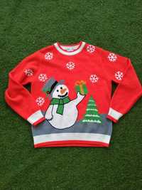 Świąteczny zimowy czerwony sweter z bałwanem M wełna Boże Narodzenie