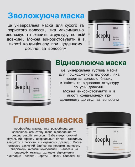 Deeply олія флюїд, маска, кондицiонер, шампунь, спрей 10 в 1 Deeply