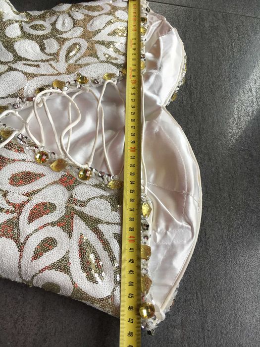 Suknia długa, wieczorowa, cekiny biało-złote, 38/40; używana