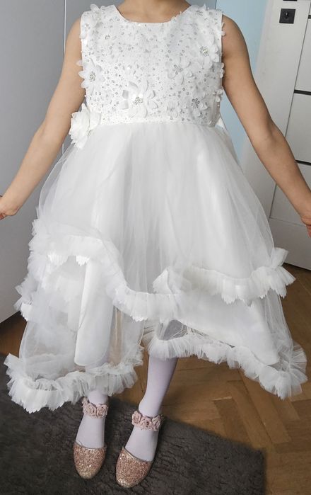 Sukienka biała tiul cekiny perełki wesele chrzest komunia bal piękna