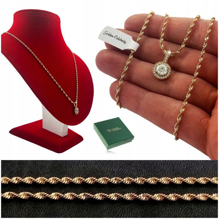 Damski Złoty Łańcuszek Stal Chirurgiczna + Okrągły Wisiorek + Cyrkonie