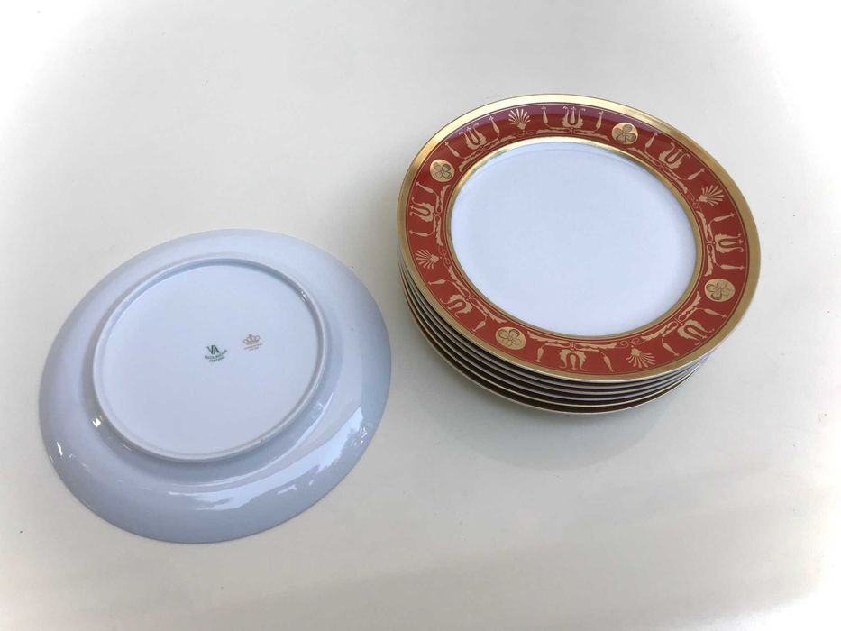 Conjunto 7 Pratos Sobremesa Vista Alegre, Empire Red, Marca VA 1971-80