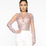 Bluzka crop top koronka siatka FashionNova M 38 róż nude beż impreza