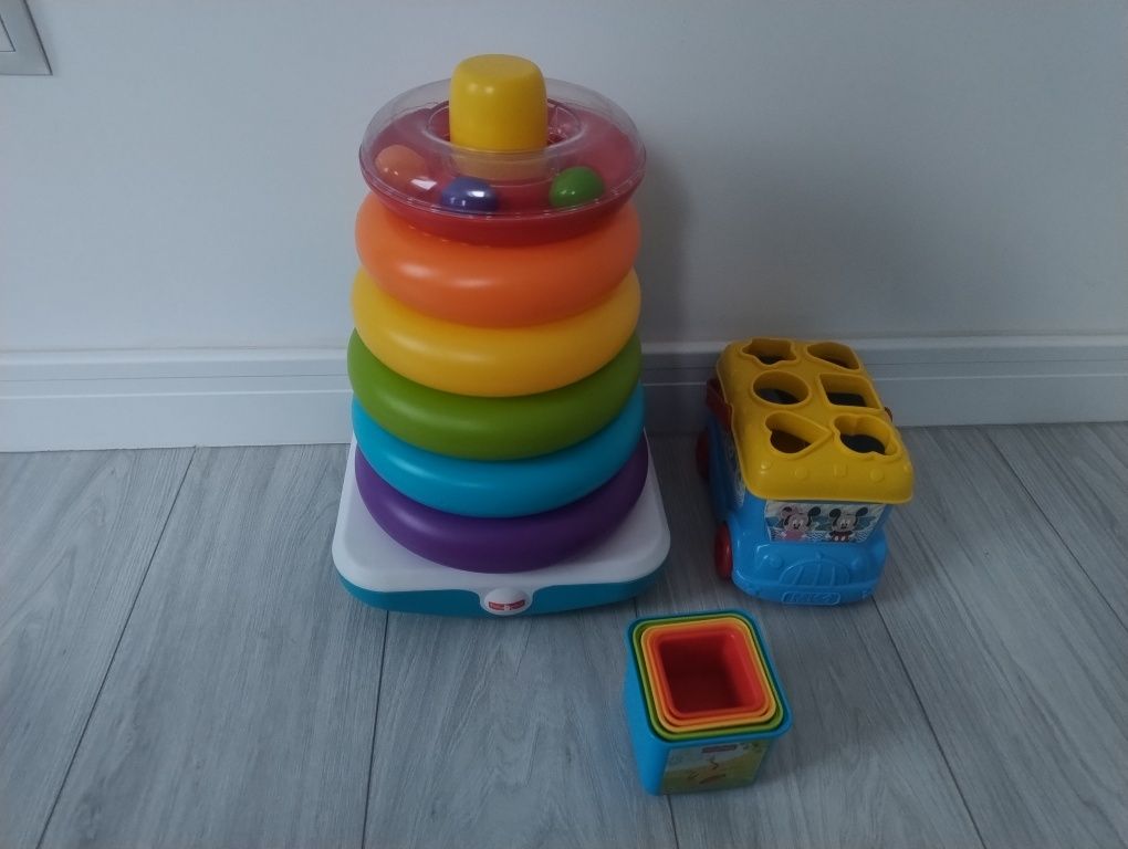 FISHER PRICE gigapiramida i klocki odkrywcy + CLEMENTONI sorter