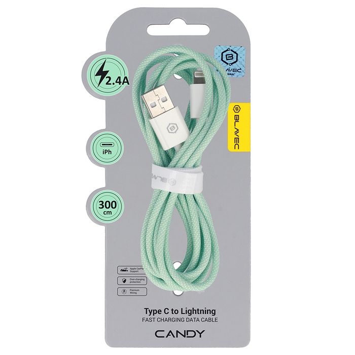 Blavec Kabel Candy USB na Lightning 2,4A 3m Apple CarPlay zielony