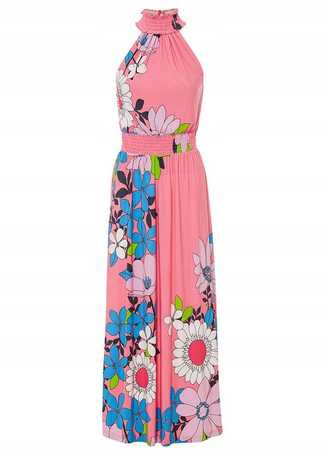 B.P.C długa sukienka różowa maxi w kwiaty odkryte ramiona 40/42.