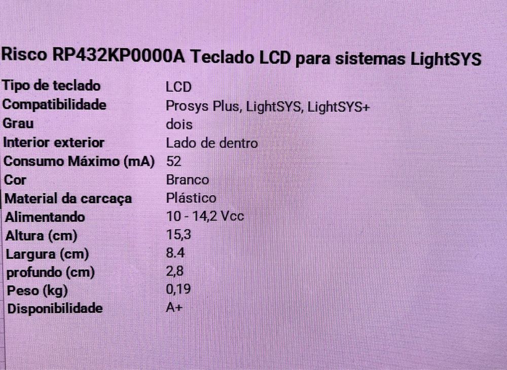 Teclado LCD central de alarme LightSYS RP432KP