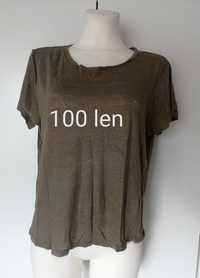 Oliwkowy t-shirt bluzka len lien lino dekold serek 40 l 38 m