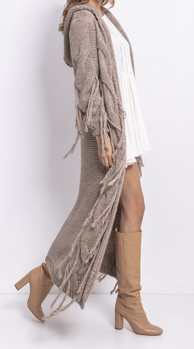 Fobya Chunky Knit kardigan maxi długi sweter ciepły wełna alpaka frędz