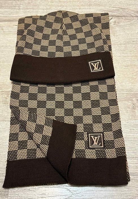 Nowy męski komplet czapka z szalikiem Louis Vuitton braz
