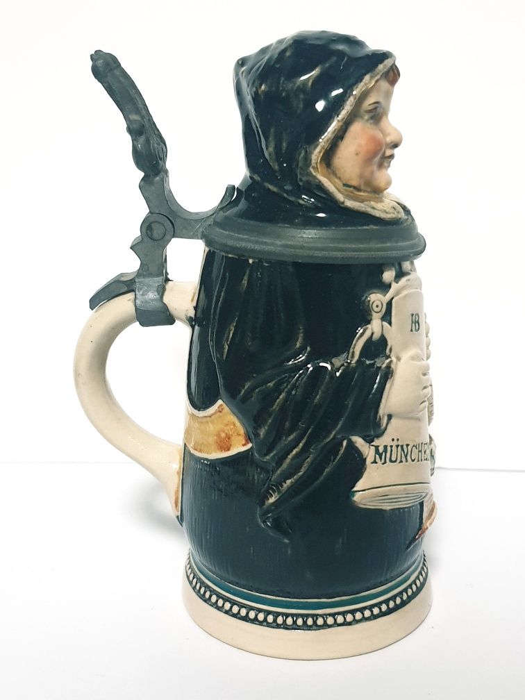 Rara antiga caneca de cerveja figurativa alemã J. Reinemann Munique