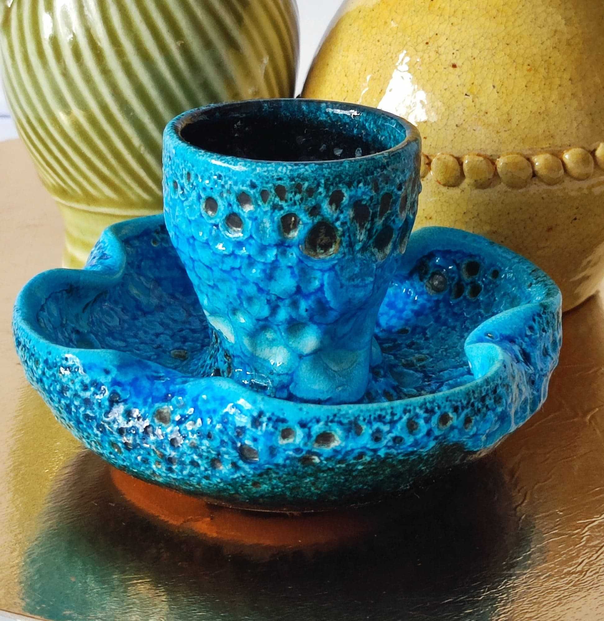 Stara ceramika śliczny świecznik turkusowy Design Fat Lava