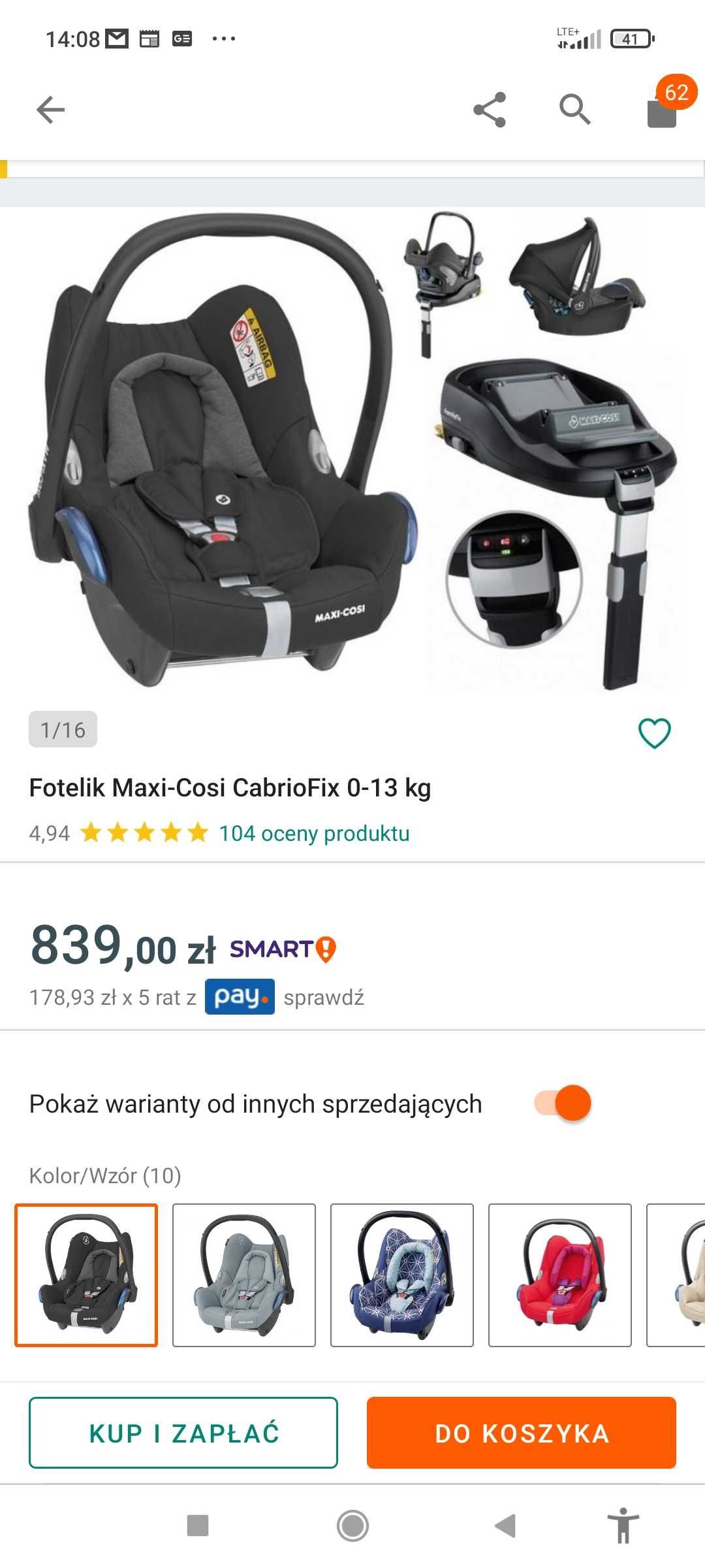 Fotelik samochodowy wraz z bazą Maxi Cosi