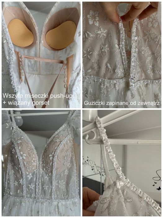 Suknia ślubna z rękawkami - brokat, perełki, kwiaty - księżniczka