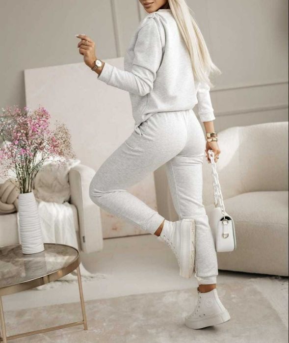 Komplet Dresowy Damski z Marszczeniami Szary Dres spodnie+bluza r.S