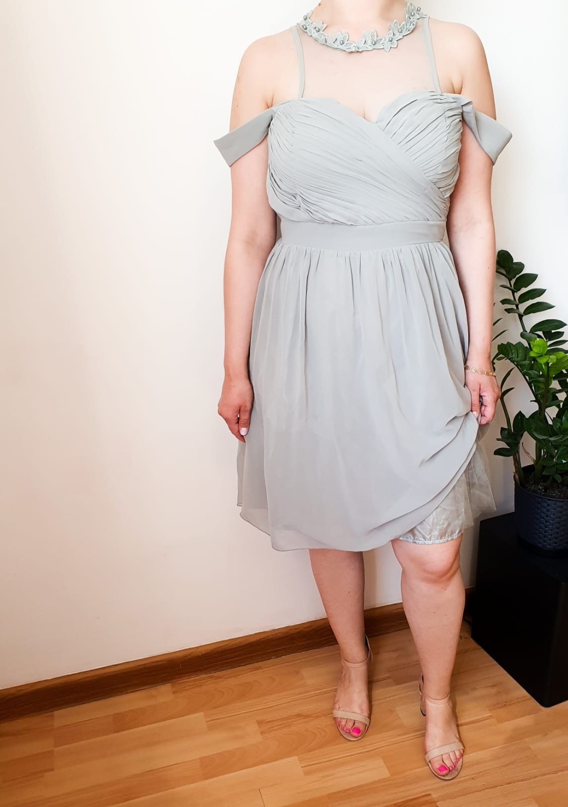 Piękna szałwiowa sukienka 42/XL wesele chrzciny