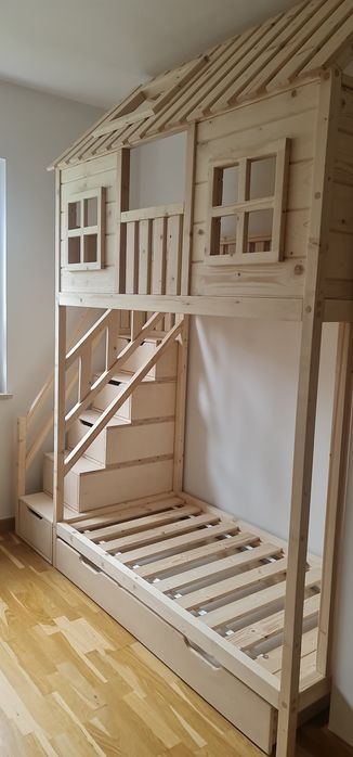 Łóżko piętrowe drewniane domek 80x160
