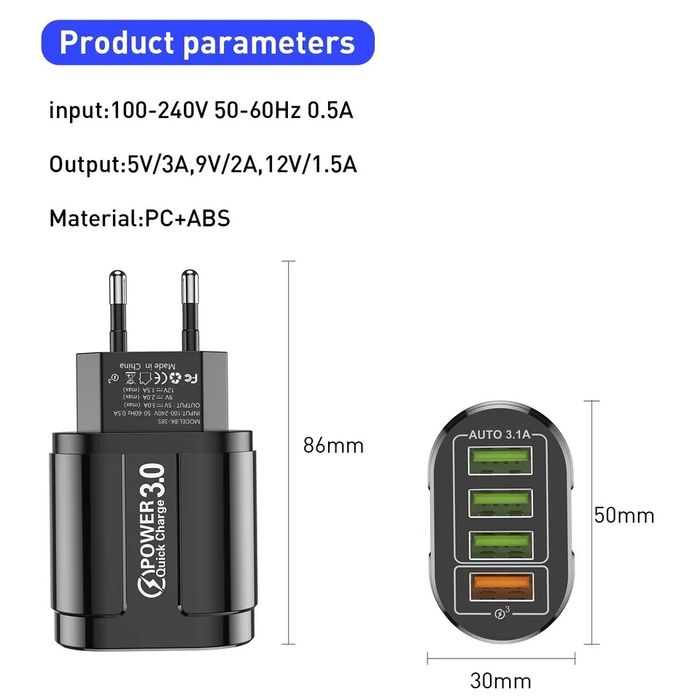 Carregador de 4 portas transformador USB