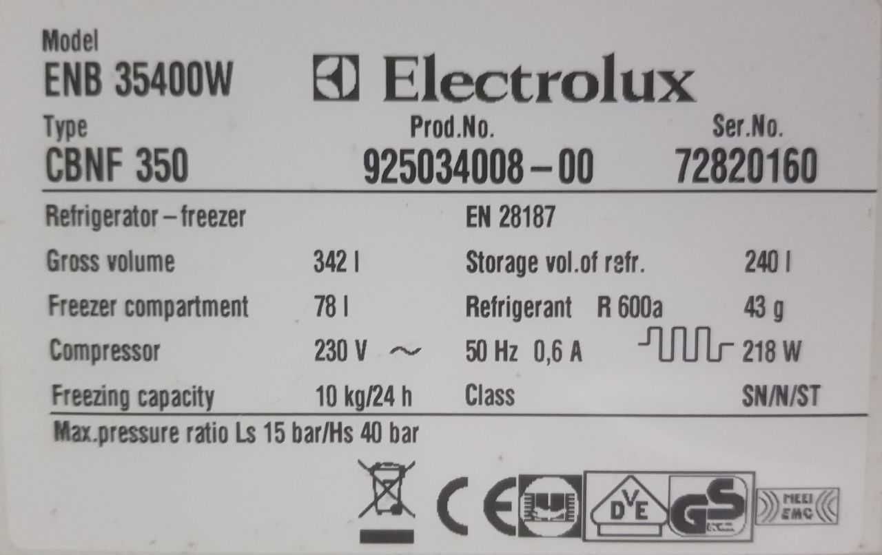 Холодильник Electrolux ENB35400W 342 л (185см) з Європи